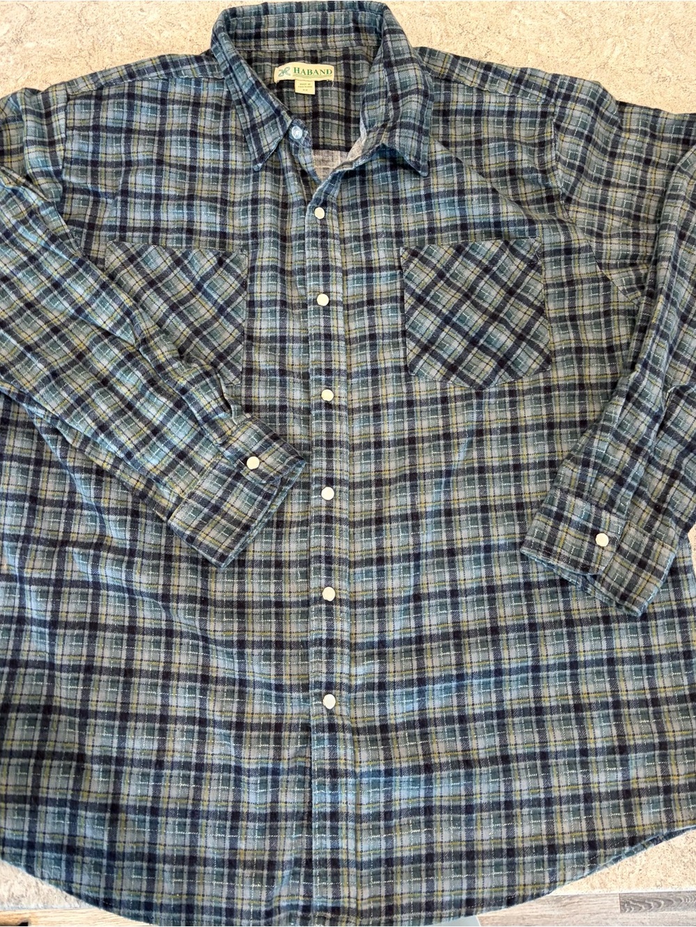 Haband Blue and Green Plaid Flannel Button-Down Shirt with Pearl Snaps-XXL
